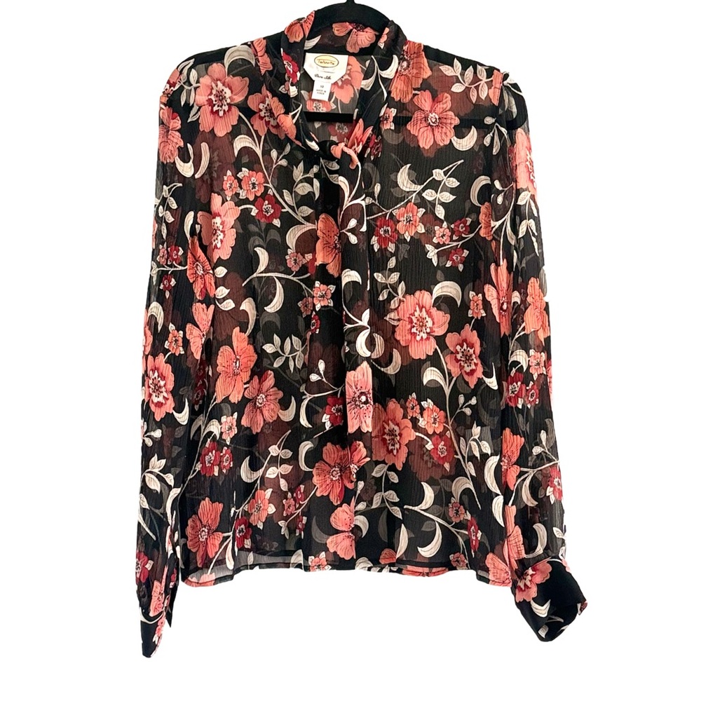 Talbots 100% Silk Black and Pink Floral Blouse